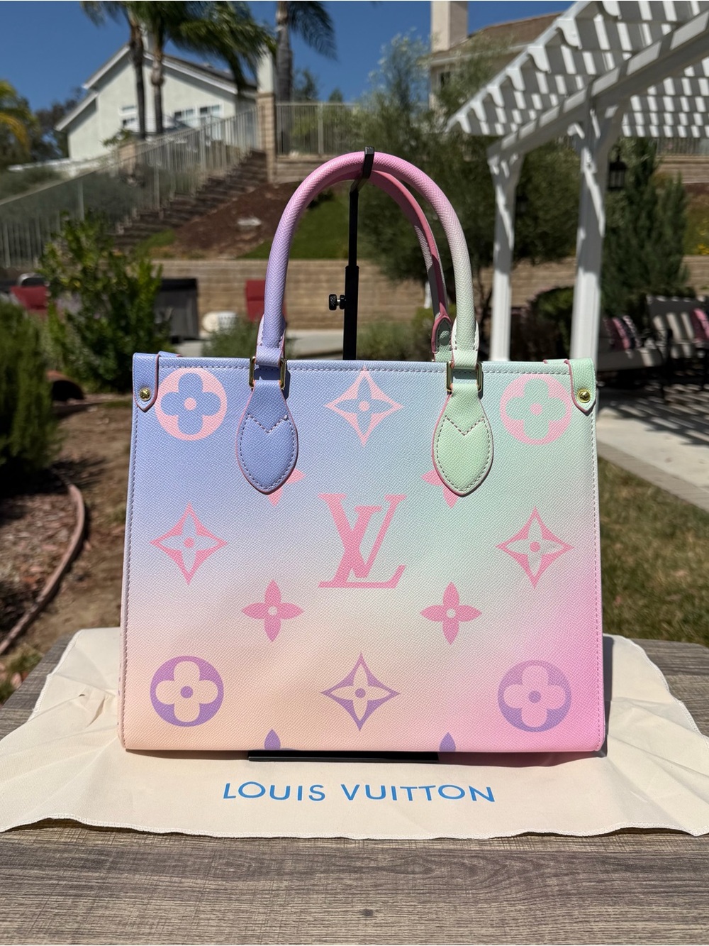 NEW LV Print Pink Purple Mint Ombré Gradient Monogram Onthego Shoulder Bag Tote